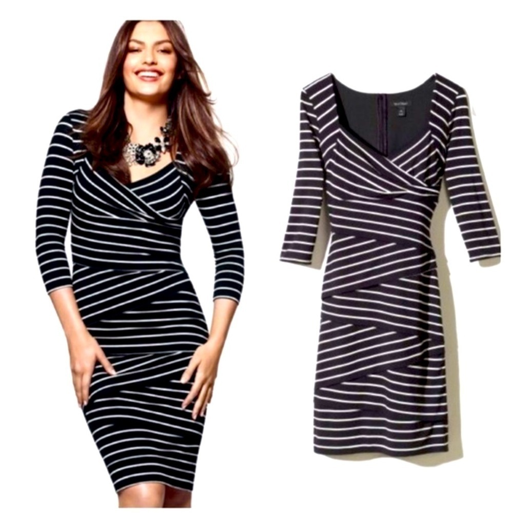 WHBM Sheath Dress Black/Ecru Stripe, Sweetheart Neck, Size 6